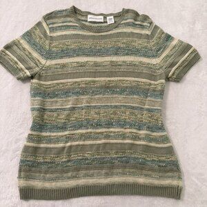 Alfred Dunner Sz L Short Sleeve Knit Sweater Green Multicolor Academia Workwear